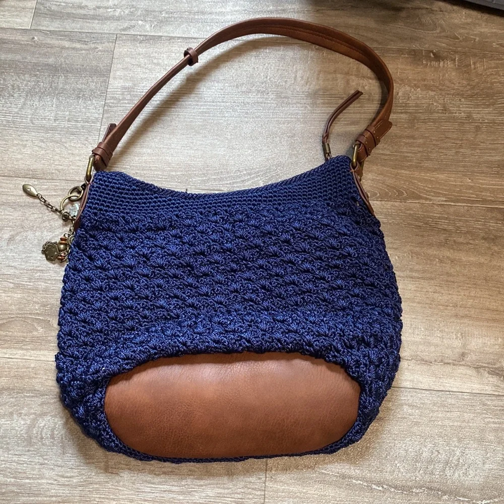 The Sak Navy Crochet Shoulder Bag with Brown Leather Straps